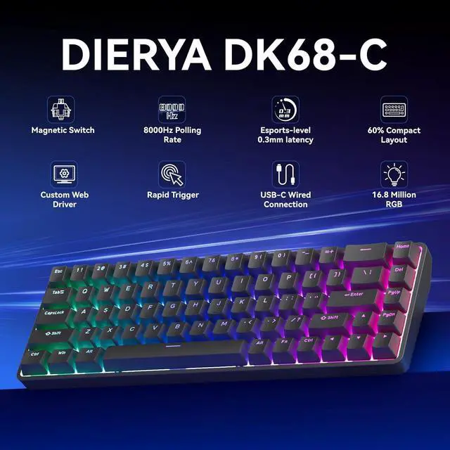 Alt view image 2 of 7 - DK68-C 60% Gaming HE Keyboard, Magnetic Switch Hot Swappable, Rapid Trigger, Adjustable Actuation, 8000Hz Polling Rate, RGB Backlit, Compact 68 Keys for Windows PC, Wired, Black
