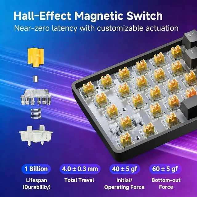 Alt view image 3 of 7 - DK68-C 60% Gaming HE Keyboard, Magnetic Switch Hot Swappable, Rapid Trigger, Adjustable Actuation, 8000Hz Polling Rate, RGB Backlit, Compact 68 Keys for Windows PC, Wired, Black