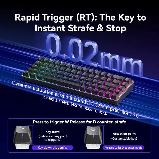 Alt view image 4 of 7 - DK68-C 60% Gaming HE Keyboard, Magnetic Switch Hot Swappable, Rapid Trigger, Adjustable Actuation, 8000Hz Polling Rate, RGB Backlit, Compact 68 Keys for Windows PC, Wired, Black