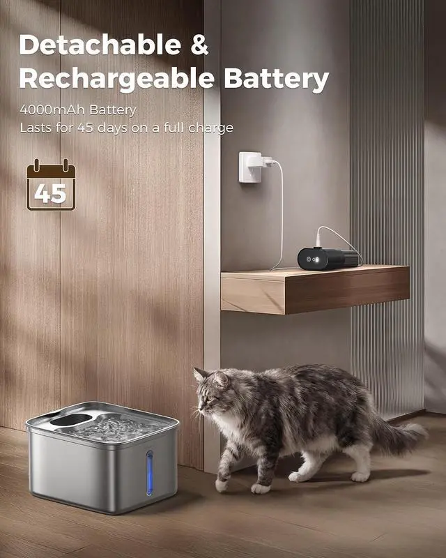 Alt view image 5 of 7 - Wireless Cat Water Fountain, 99oz Stainless Steel Pet Water Dispenser with Multi-Layer Filtration, Ultra Quiet & Motion Sensor & Long Battery Life, Fresh Hydration Solution for Cats & Dogs