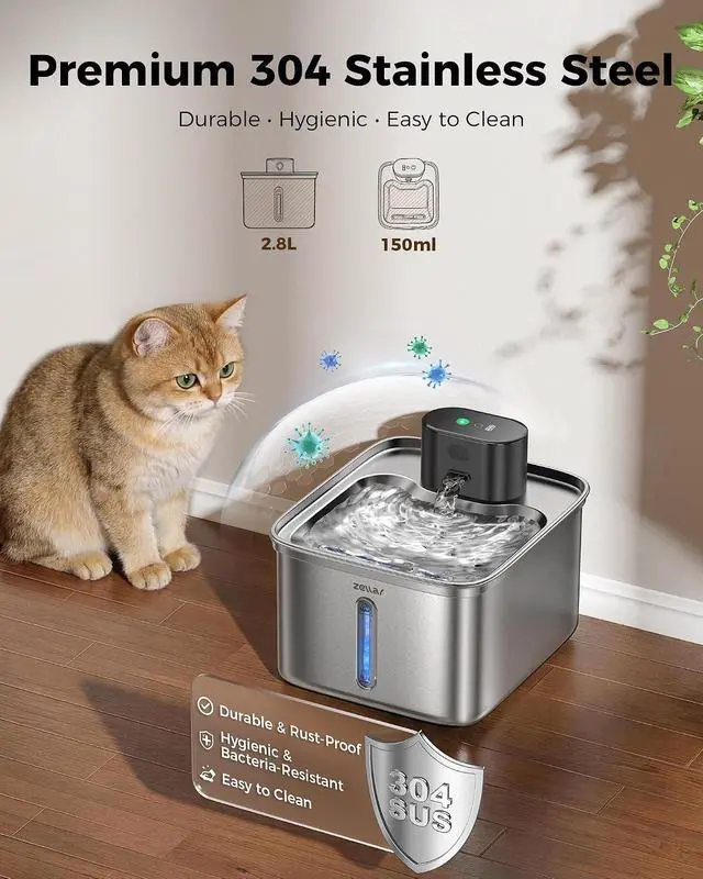 Alt view image 6 of 7 - Wireless Cat Water Fountain, 99oz Stainless Steel Pet Water Dispenser with Multi-Layer Filtration, Ultra Quiet & Motion Sensor & Long Battery Life, Fresh Hydration Solution for Cats & Dogs