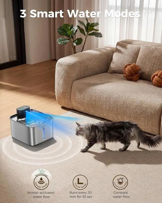 Alt view image 4 of 7 - Wireless Cat Water Fountain, 99oz Stainless Steel Pet Water Dispenser with Multi-Layer Filtration, Ultra Quiet & Motion Sensor & Long Battery Life, Fresh Hydration Solution for Cats & Dogs