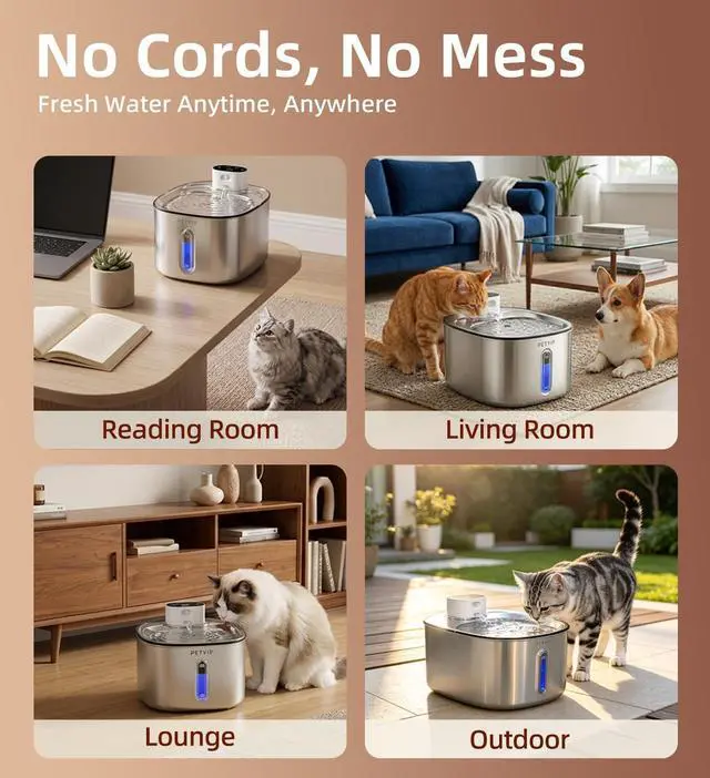 Alt view image 2 of 7 - Wireless Cat Water Fountain Stainless Steel,135fl-oz/4L Battery Operated Automatic Pet Water Dispenser,Cordless Small Dog Water Fountain,Water Fountains for Cats Indoor,Ultra Quiet