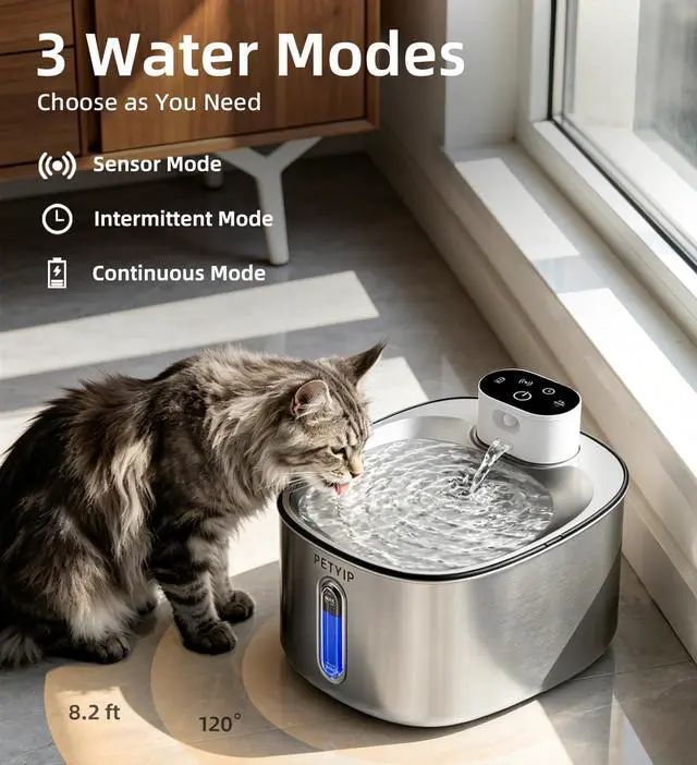 Alt view image 3 of 7 - Wireless Cat Water Fountain Stainless Steel,135fl-oz/4L Battery Operated Automatic Pet Water Dispenser,Cordless Small Dog Water Fountain,Water Fountains for Cats Indoor,Ultra Quiet