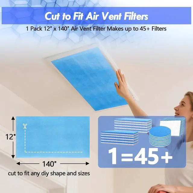 Alt view image 4 of 7 - Air Vent Filter Kit - 12" x 140" Cut to Fit Air Filter Materials MERV 8 Electrostatic Media Roll for Home Floor, Ceiling, AC, HVAC, RVC Furnace Vents, With 48PCs Adhesive Hook Tape