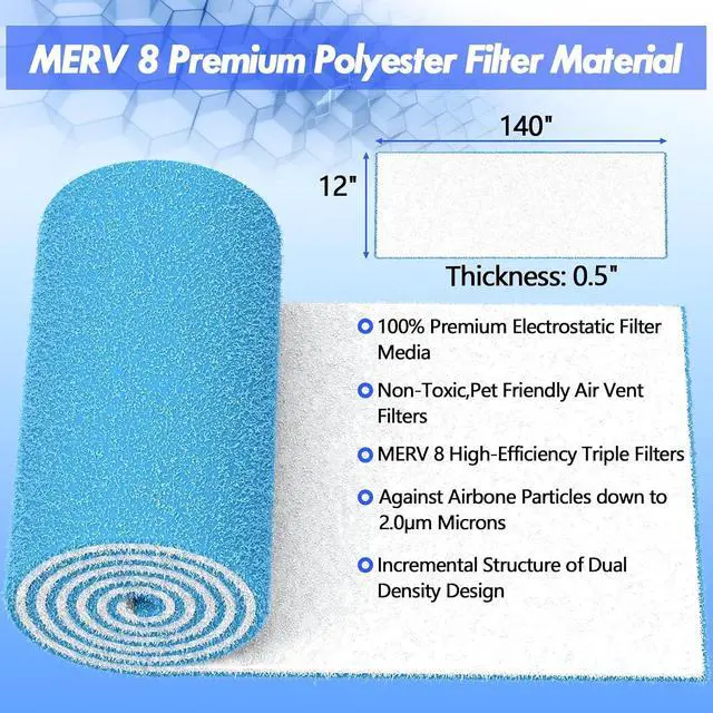 Alt view image 3 of 7 - Air Vent Filter Kit - 12" x 140" Cut to Fit Air Filter Materials MERV 8 Electrostatic Media Roll for Home Floor, Ceiling, AC, HVAC, RVC Furnace Vents, With 48PCs Adhesive Hook Tape