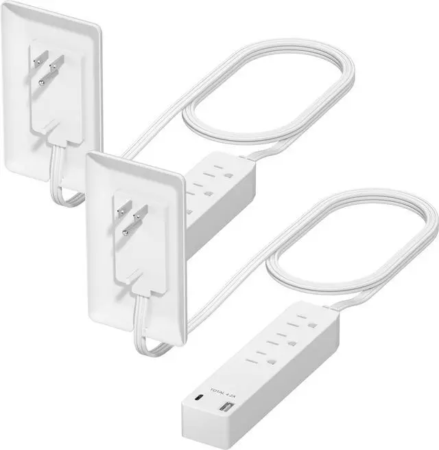 Main image of Outlet Extender with 3 Receptacles, 12W USB-A & USB-C, Flat-Face | ETL Listed, 3ft Cord, 1625W, 2-Pack, Matte White, 3-Outlet Power Strip, Wall Plate Plug With Cord Extender, Premium Quality