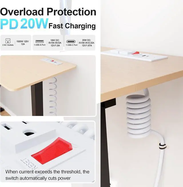 Alt view image 2 of 7 - Drawer Outlet Kit, Recessed Furniture Power Strip with Overload Protection Switch, PD 20W Fast Charging, Clutter-Free Drawer Socket with 4 Power Outlets, 7.2 FT Power Cord, Spring Cable, UL Listed