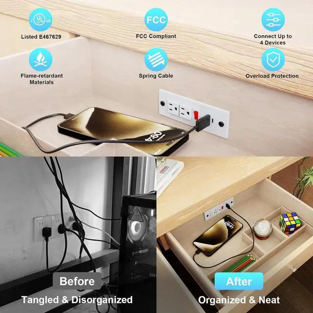 Alt view image 5 of 7 - Drawer Outlet Kit, Recessed Furniture Power Strip with Overload Protection Switch, PD 20W Fast Charging, Clutter-Free Drawer Socket with 4 Power Outlets, 7.2 FT Power Cord, Spring Cable, UL Listed