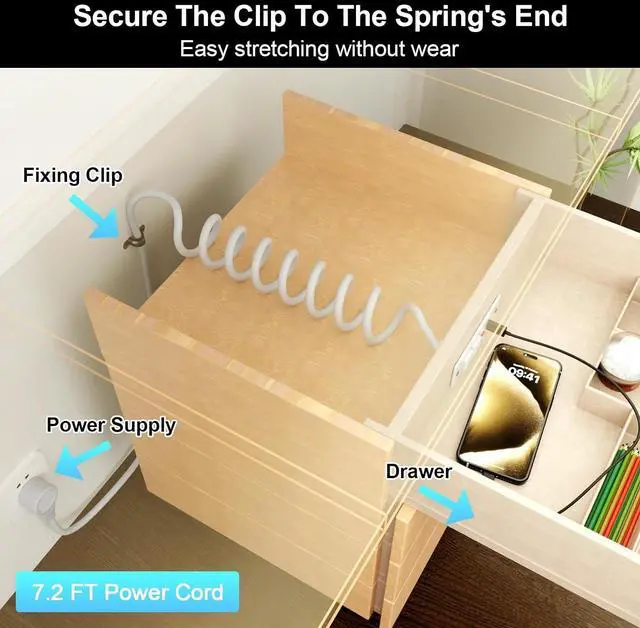 Alt view image 3 of 7 - Drawer Outlet Kit, Recessed Furniture Power Strip with Overload Protection Switch, PD 20W Fast Charging, Clutter-Free Drawer Socket with 4 Power Outlets, 7.2 FT Power Cord, Spring Cable, UL Listed