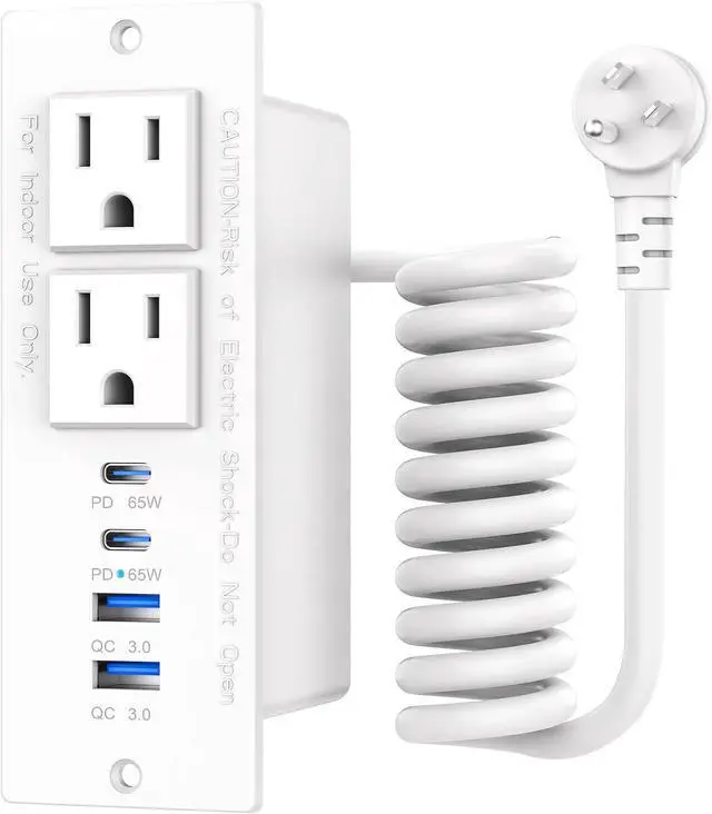 Main image of 65W Furniture Drawer Outlet Kit, Recessed Outlet with 4 USB Ports & 2 AC Outlets, Recessed Power Strip for Home, Office,14 AWG-6FT Spring Cord