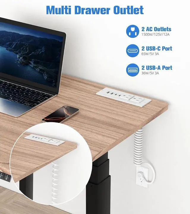 Alt view image 2 of 7 - 65W Furniture Drawer Outlet Kit, Recessed Outlet with 4 USB Ports & 2 AC Outlets, Recessed Power Strip for Home, Office,14 AWG-6FT Spring Cord
