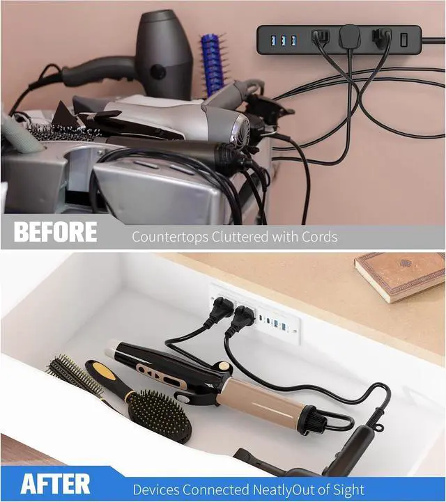 Alt view image 4 of 7 - 65W Furniture Drawer Outlet Kit, Recessed Outlet with 4 USB Ports & 2 AC Outlets, Recessed Power Strip for Home, Office,14 AWG-6FT Spring Cord