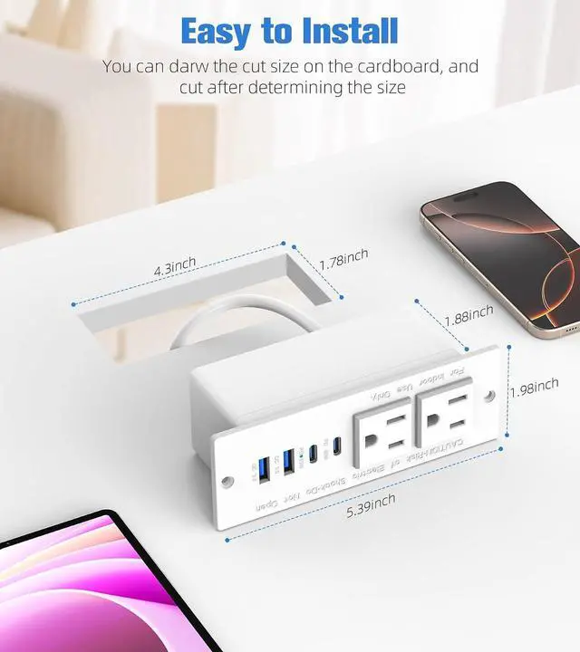 Alt view image 7 of 7 - 65W Furniture Drawer Outlet Kit, Recessed Outlet with 4 USB Ports & 2 AC Outlets, Recessed Power Strip for Home, Office,14 AWG-6FT Spring Cord