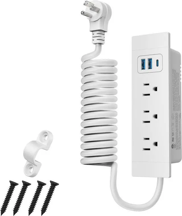 Main image of Furniture Drawer Outlet (ETL Listed), Tamper-Resistant Design AC Outlets,Recessed Power Strip with 3 PD 20W USB Ports Fast Charging & 3 AC Outlets, 5 FT Spring Cord (Whate)
