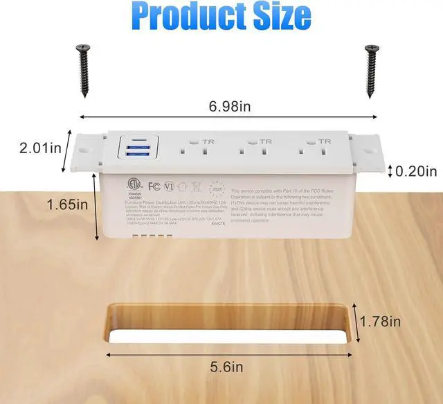 Alt view image 3 of 7 - Furniture Drawer Outlet (ETL Listed), Tamper-Resistant Design AC Outlets,Recessed Power Strip with 3 PD 20W USB Ports Fast Charging & 3 AC Outlets, 5 FT Spring Cord (Whate)