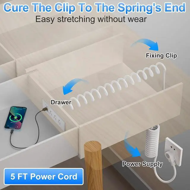 Alt view image 4 of 7 - Furniture Drawer Outlet (ETL Listed), Tamper-Resistant Design AC Outlets,Recessed Power Strip with 3 PD 20W USB Ports Fast Charging & 3 AC Outlets, 5 FT Spring Cord (Whate)
