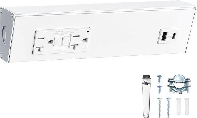 Main image of 9 in Under Cabinet Hardwired Power Strip with GFCI, 125V 20A | 20A Standard TR GFCI Outlet + USB-A & USB-C, Angled Trapezoid Design, Modular Extension System, Aluminum Housing, ETL Listed