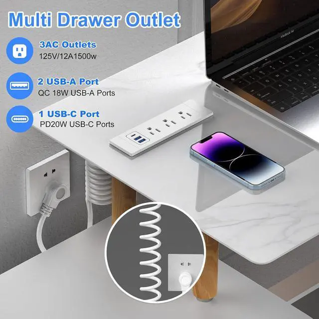 Alt view image 5 of 7 - Furniture Drawer Outlet (ETL Listed), Tamper-Resistant Design AC Outlets,Recessed Power Strip with 3 PD 20W USB Ports Fast Charging & 3 AC Outlets, 5 FT Spring Cord (Whate)