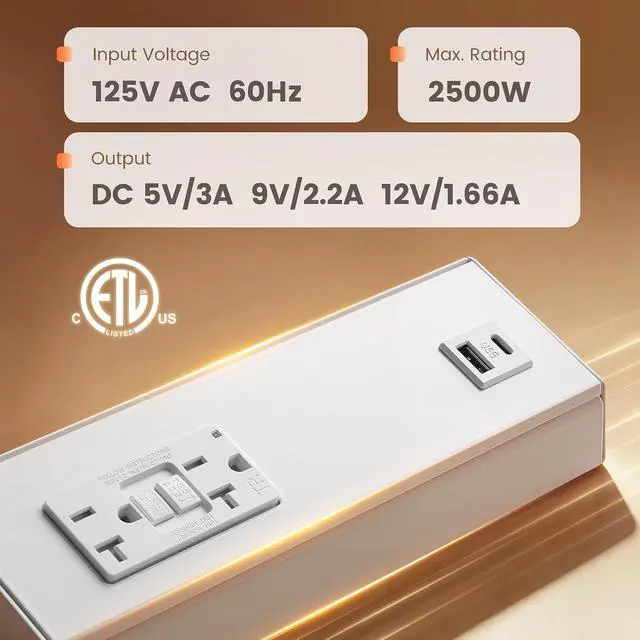 Alt view image 2 of 7 - 9 in Under Cabinet Hardwired Power Strip with GFCI, 125V 20A | 20A Standard TR GFCI Outlet + USB-A & USB-C, Angled Trapezoid Design, Modular Extension System, Aluminum Housing, ETL Listed