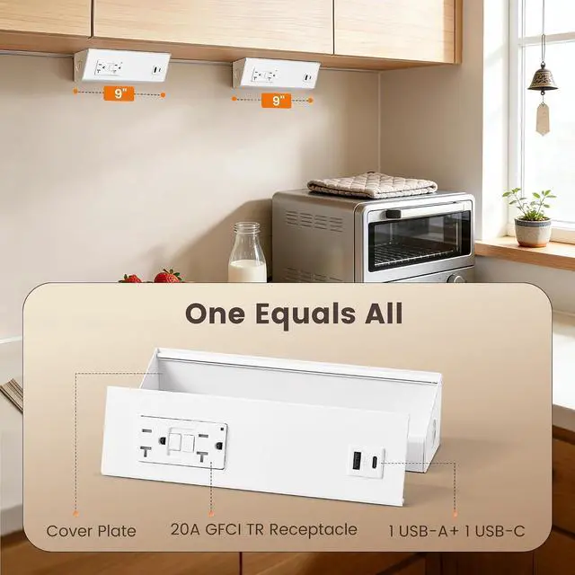 Alt view image 3 of 7 - 9 in Under Cabinet Hardwired Power Strip with GFCI, 125V 20A | 20A Standard TR GFCI Outlet + USB-A & USB-C, Angled Trapezoid Design, Modular Extension System, Aluminum Housing, ETL Listed
