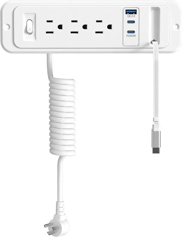 Main image of 65W USB Recessed Power Strip with 60cm Retractable USB C Cable,Flush Mount | Furniture Drawer Outlet kit insert in 4 USB & (3) 15 Amp AC Outlets, Hidden Charging Station for Desktop