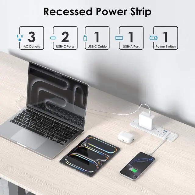 Alt view image 5 of 7 - 65W USB Recessed Power Strip with 60cm Retractable USB C Cable,Flush Mount | Furniture Drawer Outlet kit insert in 4 USB & (3) 15 Amp AC Outlets, Hidden Charging Station for Desktop