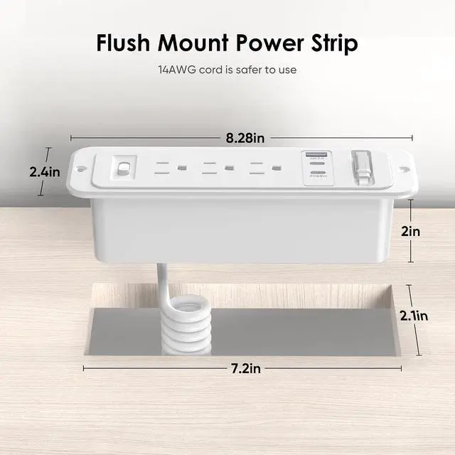 Alt view image 6 of 7 - 65W USB Recessed Power Strip with 60cm Retractable USB C Cable,Flush Mount | Furniture Drawer Outlet kit insert in 4 USB & (3) 15 Amp AC Outlets, Hidden Charging Station for Desktop