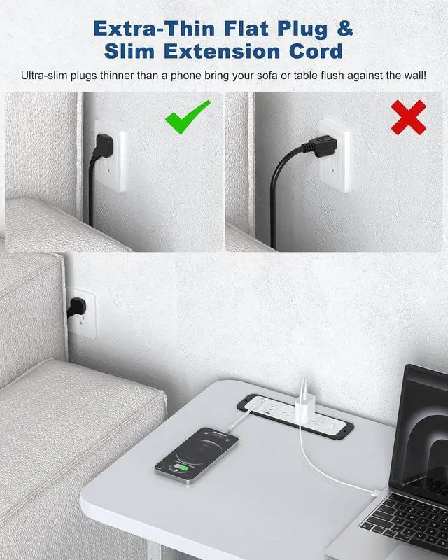 Alt view image 3 of 7 - Recessed Power Strip with Retractable USB C Cable,2 PD 20W USB C,Flush Mount Countertop Drawer Outlet, Furniture Hidden Outlet for Side Table,End Table,3 Outlets (White and Black, 10FT-20W USB)