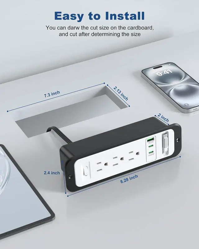 Alt view image 7 of 7 - Recessed Power Strip with Retractable USB C Cable,2 PD 20W USB C,Flush Mount Countertop Drawer Outlet, Furniture Hidden Outlet for Side Table,End Table,3 Outlets (White and Black, 10FT-20W USB)