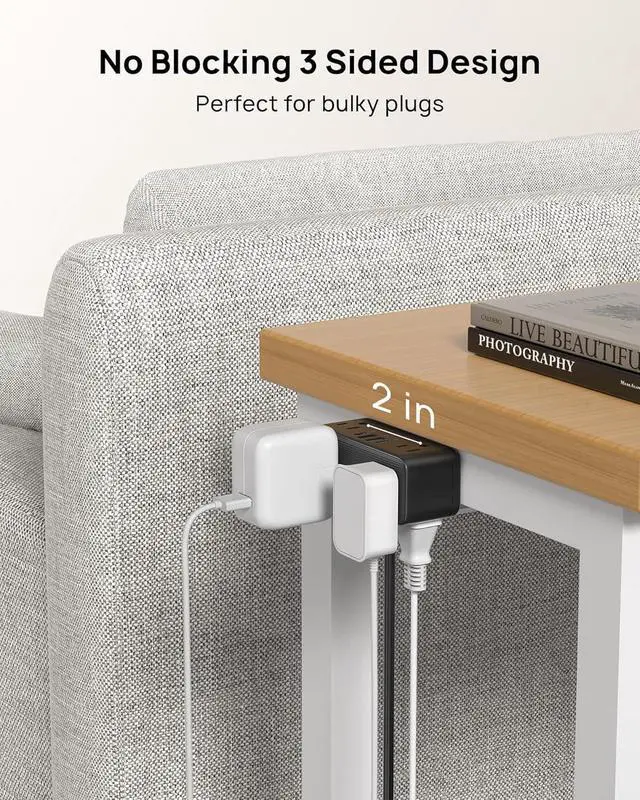 Alt view image 4 of 7 - Compact Desk Clamp Power Strip 10 ft, Fit 2.16" Tabletop Edge, Black | Flat Plug Fit Behind Furniture, 6 AC, 2 USB-C PD 20W, 2 USB-A, 900J, Space-saving for Small Home Office Desk Accessories