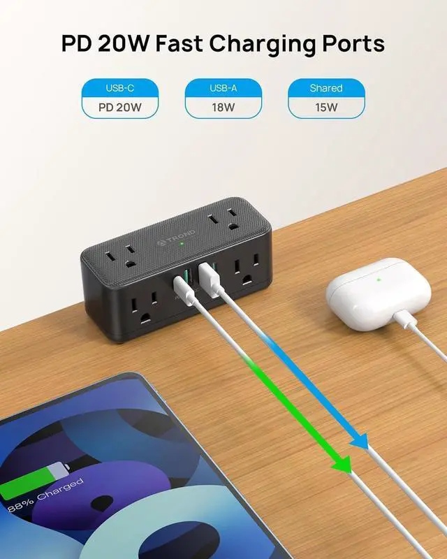 Alt view image 5 of 7 - Compact Desk Clamp Power Strip 10 ft, Fit 2.16" Tabletop Edge, Black | Flat Plug Fit Behind Furniture, 6 AC, 2 USB-C PD 20W, 2 USB-A, 900J, Space-saving for Small Home Office Desk Accessories