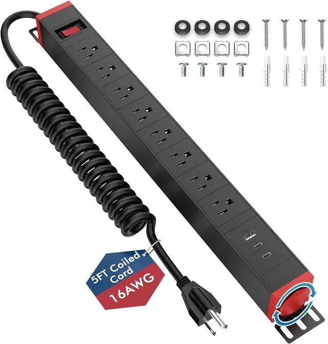 Main image of 8 Outlet Surge Protector Power Strip,360° Rotatable Mounting,PD 20W USB C Fast Charging, Mountable Powerstrip Metal with 5FT Colied Cord for Home Office Industrial Garage Commercial