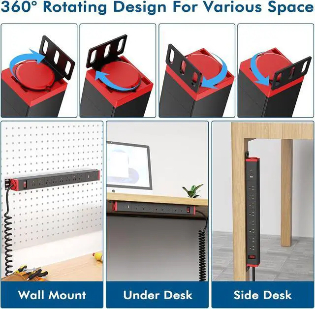 Alt view image 4 of 7 - 8 Outlet Surge Protector Power Strip,360° Rotatable Mounting,PD 20W USB C Fast Charging, Mountable Powerstrip Metal with 5FT Colied Cord for Home Office Industrial Garage Commercial