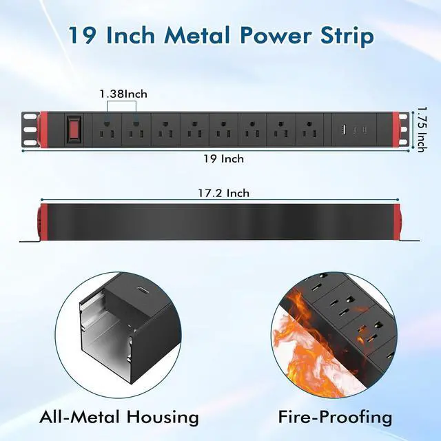 Alt view image 6 of 7 - 8 Outlet Surge Protector Power Strip,360° Rotatable Mounting,PD 20W USB C Fast Charging, Mountable Powerstrip Metal with 5FT Colied Cord for Home Office Industrial Garage Commercial
