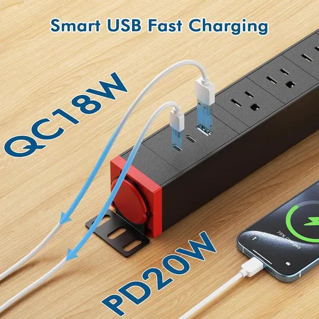 Alt view image 7 of 7 - 8 Outlet Surge Protector Power Strip,360° Rotatable Mounting,PD 20W USB C Fast Charging, Mountable Powerstrip Metal with 5FT Colied Cord for Home Office Industrial Garage Commercial
