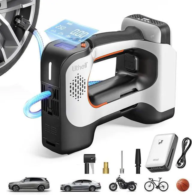 Main image of Litheli Cordless Air Compressor, 20V Portable Air Compressor, Cordless Tire Pump for Car, Bike, Sport Ball, Battery Tire Inflator, 3 Nozzle Adapters, 150 PSI, with 2.0 Ah U-Battery