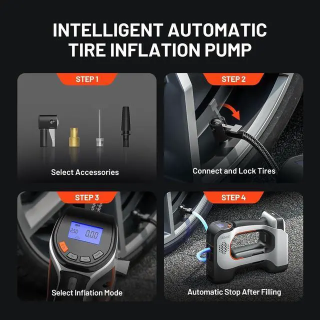 Alt view image 6 of 7 - Litheli Cordless Air Compressor, 20V Portable Air Compressor, Cordless Tire Pump for Car, Bike, Sport Ball, Battery Tire Inflator, 3 Nozzle Adapters, 150 PSI, with 2.0 Ah U-Battery