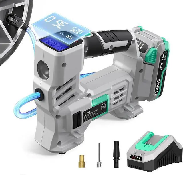 Main image of Litheli Tire Inflator Air Compressor, 20V Cordless Car Tire Pump with Digital Pressure Gauge 150PSI for Car Tire, Bike, Sport Ball, 2.0 Ah Battery & Charger