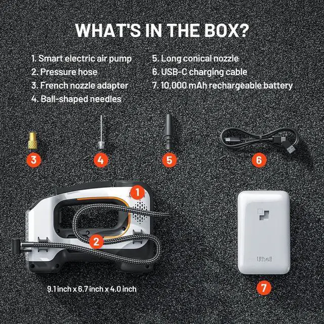 Alt view image 7 of 7 - Litheli Cordless Air Compressor, 20V Portable Air Compressor, Cordless Tire Pump for Car, Bike, Sport Ball, Battery Tire Inflator, 3 Nozzle Adapters, 150 PSI, with 2.0 Ah U-Battery