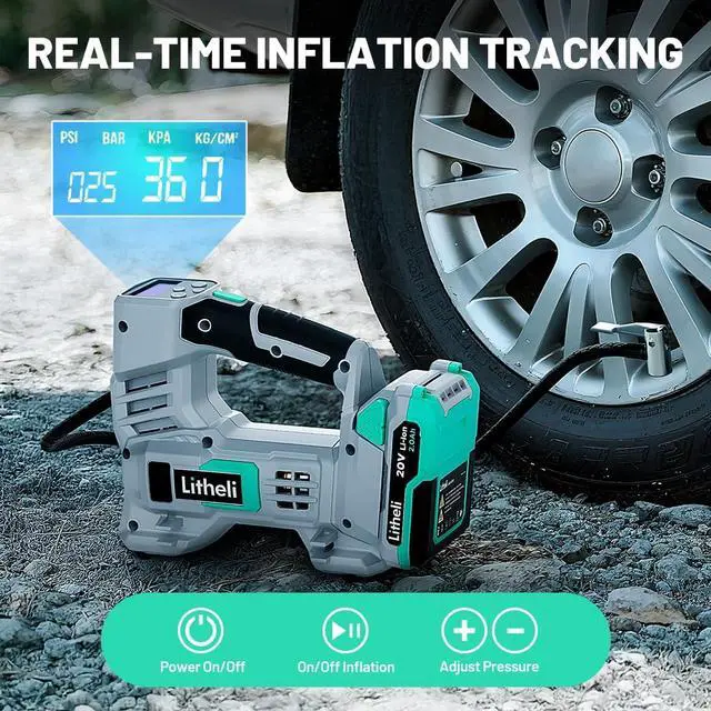 Alt view image 3 of 7 - Litheli Tire Inflator Air Compressor, 20V Cordless Car Tire Pump with Digital Pressure Gauge 150PSI for Car Tire, Bike, Sport Ball, 2.0 Ah Battery & Charger