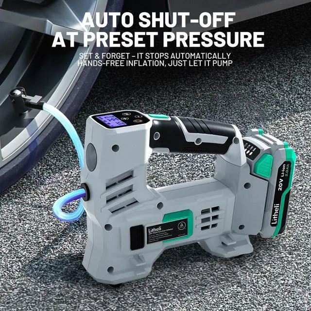 Alt view image 5 of 7 - Litheli Tire Inflator Air Compressor, 20V Cordless Car Tire Pump with Digital Pressure Gauge 150PSI for Car Tire, Bike, Sport Ball, 2.0 Ah Battery & Charger