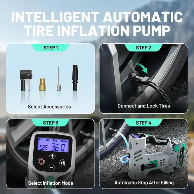 Alt view image 7 of 7 - Litheli Tire Inflator Air Compressor, 20V Cordless Car Tire Pump with Digital Pressure Gauge 150PSI for Car Tire, Bike, Sport Ball, 2.0 Ah Battery & Charger