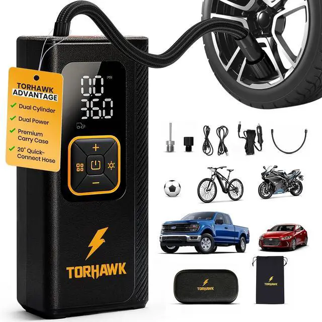 Main image of Portable Tire Inflator for Car, Air Pump for Car Tires | Cordless & 12V Dual Power, 7500mAh Battery, Dual Cylinder 160 PSI, Truck/SUV/RV, LED Light, Auto Shut-Off
