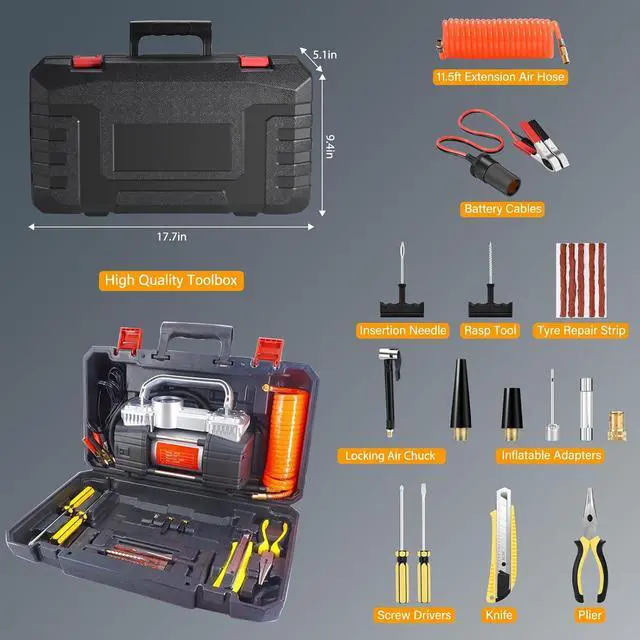 Alt view image 3 of 7 - 12V Digital Heavy Duty Tire Inflator PortableAir Compressor Pump | with Toolbox Tire Repair Kit 6X Faster Inflation Auto shut-off Dual Cylinders Air Pump 150Psi for Car,Pickup Truck,SUV,Balls