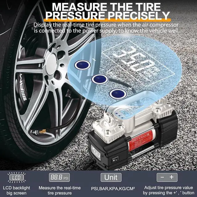 Alt view image 7 of 7 - 12V Digital Heavy Duty Tire Inflator PortableAir Compressor Pump | with Toolbox Tire Repair Kit 6X Faster Inflation Auto shut-off Dual Cylinders Air Pump 150Psi for Car,Pickup Truck,SUV,Balls
