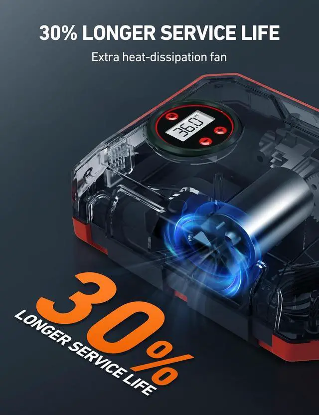 Alt view image 5 of 7 - Portable Air Compressor and Tire Inflator - 12V DC Auto Accessory with LED Light and Digital Display - 100PSI for Car, Bicycle and Other Tires (Pack of 2)