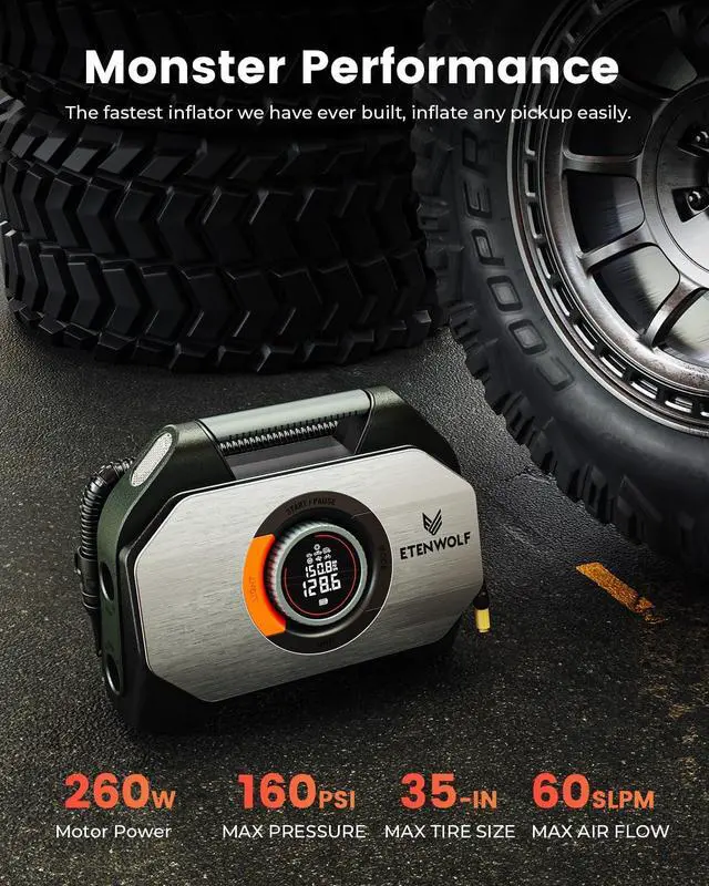 Alt view image 3 of 7 - VORTEX S7 Tire Inflator for Heavy-duty Vehicle with 38400 mAh | 160PSI Portable Air Compressor for Car Tires, Cordless Air Pump with 100% Duty Cycle & Dual Cylinder, Auto Shut-Off,LED Light
