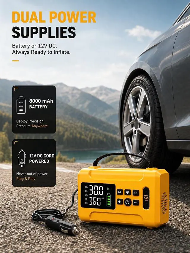 Alt view image 3 of 7 - Tire Inflator Portable Air Compressor 160 PSI Air Pump for Car Tires 8000 mAh & 12V DC Powered Fast 30L/min, Digital Tire Pressure Gauge, LED Lights, 5 Modes Auto Shut-off (Yellow, 8000 mAh)