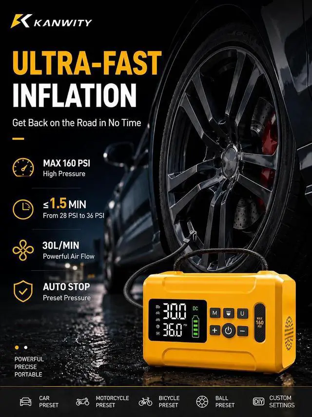 Alt view image 2 of 7 - Tire Inflator Portable Air Compressor 160 PSI Air Pump for Car Tires 8000 mAh & 12V DC Powered Fast 30L/min, Digital Tire Pressure Gauge, LED Lights, 5 Modes Auto Shut-off (Yellow, 8000 mAh)